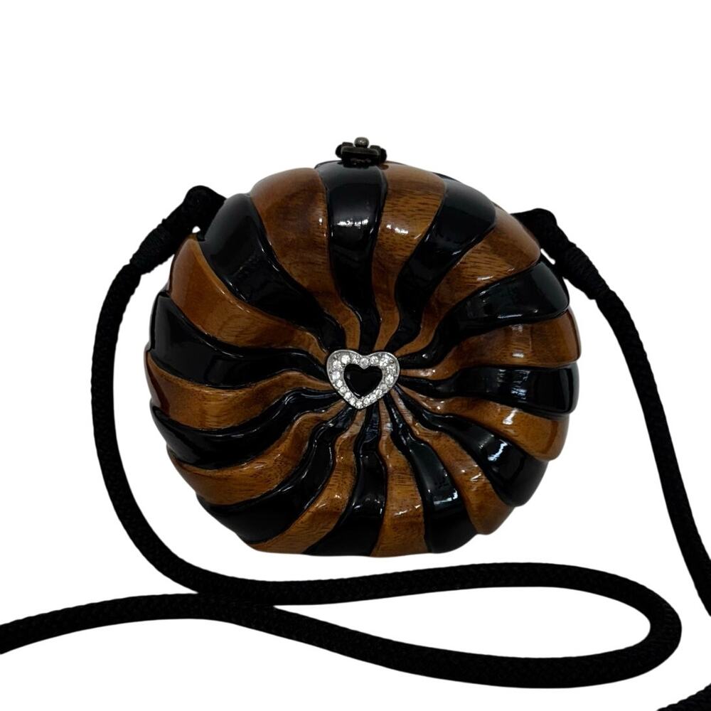 Timmy Woods Carved Wood Spin Pinwheel Crystal Heart Clutch Bag Crossbody